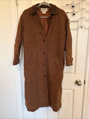 Vintage L.L. Bean Women's Rust Brown Houndstooth Wool Pea Coat